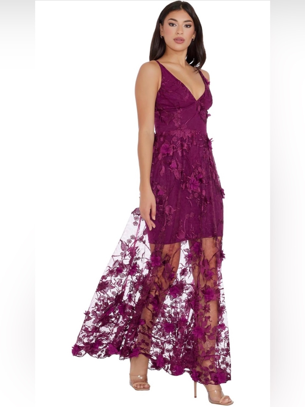 Dress the Population Burgundy Floral Appliqué Maxi Dress - Picture 2 of 11